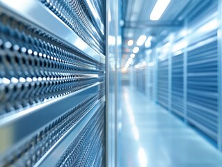 Obraz premium Close-Up of Modern Food Storage Facility Equipment, Highlighting Efficiency and Technology, with a Focus on Metallic Grating and a Blurred Background of a Spacious Interior