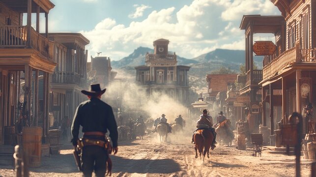 epic cowboy standoff in a wild west town, a classic western duel with gunslingers facing off in a desert scene