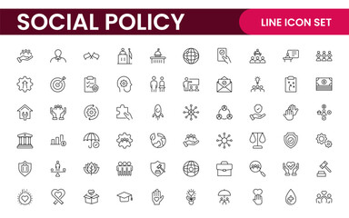 Set of Social Policy and Insuranceline icons. Outline icon collection related to education, insurance, law, goverment and more.