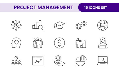Fototapeta premium Project Management web icons in line style. Outline icon collection related to Schedule, human resource, management, development, planning, and more.