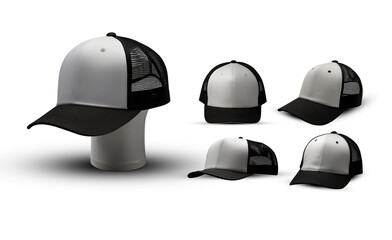 White and black baseball cap mockup set. PNG file of isolated cutout object with a transparent background. 