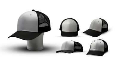 White and black baseball cap mockup set. PNG file of isolated cutout object with a transparent background. 