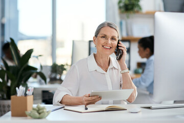 Phone call, tablet and portrait of mature businesswoman in office with smile, contact and planning at digital agency. Woman, designer or consultant at tech startup with smartphone in coworking space