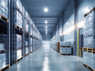 Modern Cold Storage Facility with Palletized Goods, Emphasizing Efficiency and Technology in Food Supply Chain Operations