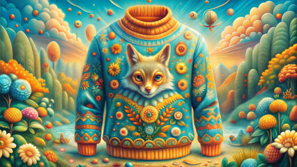 Fototapeta premium Cozy sweater illustration adorned with floral patterns and a fox motif in a colorful landscape