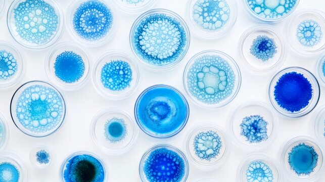 Microalgae Variety in Laboratory Petri Dishes wallpaper pattern. Top view of diverse blue microalgae samples in scientific petri dishes on white background.