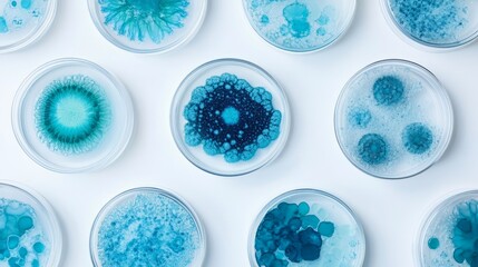 Microalgae Variety in Laboratory Petri Dishes wallpaper pattern. Top view of diverse blue microalgae samples in scientific petri dishes on white background.