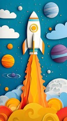 A rocket launch with planets and stars in the background, colorful paper cut art style