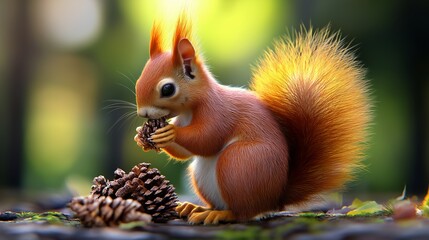 A squirrel is holding a pine cone in its mouth. Concept of curiosity and playfulness, as the squirrel is actively engaged in gathering food. The bright yellow background adds a cheerful