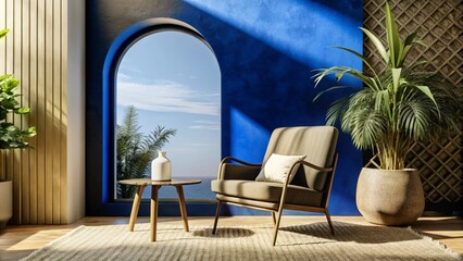 Accent armchair against arch and black stucco wall. Minimalist, japandi interior design of modern living room.
