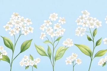 A vibrant floral pattern featuring delicate white flowers against a soft blue background, perfect for spring-themed designs.