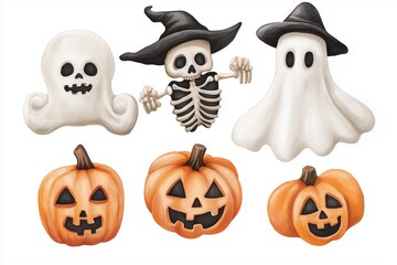 Obraz premium Watercolor Illustration of Halloween Cookies Shaped Like Skeletons, Pumpkins, and Ghosts