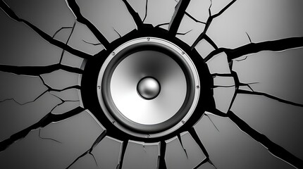 Fototapeta premium Detailed view of a speaker on a cracked surface, featuring a metallic cone and silver rim, with cracks radiating outward to emphasize the powerful sound impact against a dark background.
