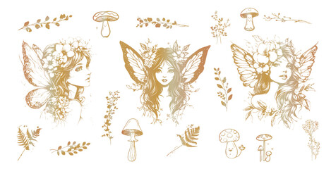 Magical Fairies - Silhouettes of little fairy girls surrounded by butterflies and plants illustrations. Various grasses and plants for magical fairy kingdoms. Fantasy characters for magical designs.