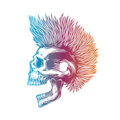 A skull with an open mouth and a punk rock hairstyle. T-shirt design, stickers, print.