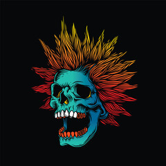 A skull with an open mouth and a punk rock hairstyle. T-shirt design, stickers, print.