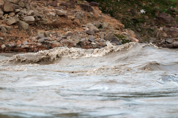 Rapid muddy river flowing past rocky bank, foamy waves show nature's power and energy. Wild,...