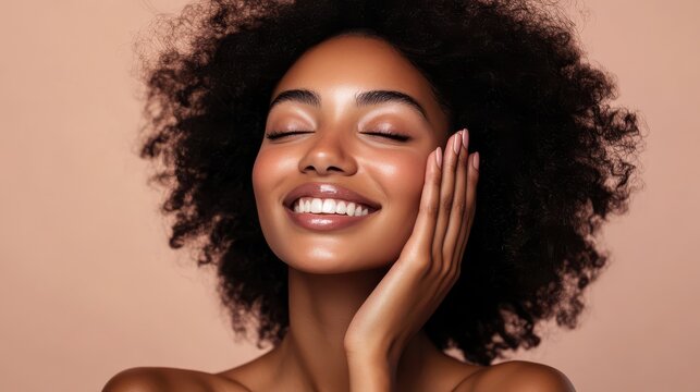 A Serene Moment of a Black Woman with Smooth Skin Enjoying Gentle Touching for Skincare Routine Inspiration