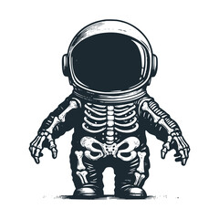 Cute astronaut showing his skull bones . Black white vector icon and logo illustration.