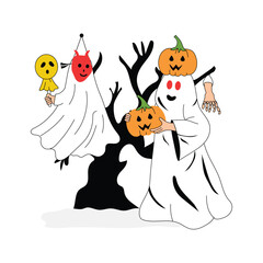 Ghostly figures and pumpkins gather around a spooky, twisted tree.