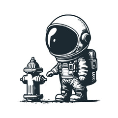 Cute astronaut holding a hydrant. Black white vector. Icon and logo illustration.