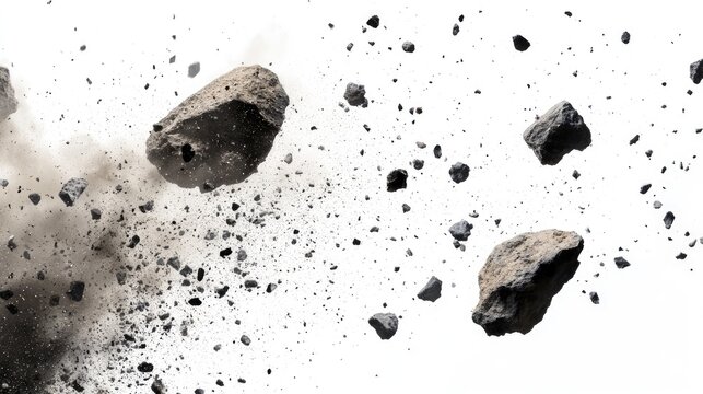 Close-up of flying stones and dust particles on a white background, illustrating a dramatic rock explosion effect.