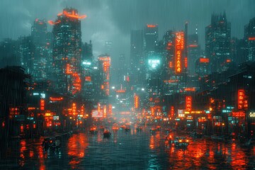 Fototapeta premium Futuristic Cyberpunk Cityscape: Retro 16-Bit Pixelated Neon Lights in Vibrant Hues with Dark Streets and Clean Layout
