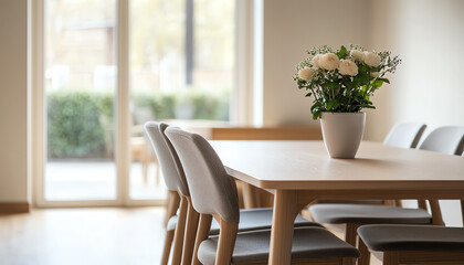 A modern dining area featuring a wooden table, elegant chairs, and a vase of fresh white flowers, creating a serene atmosphere.