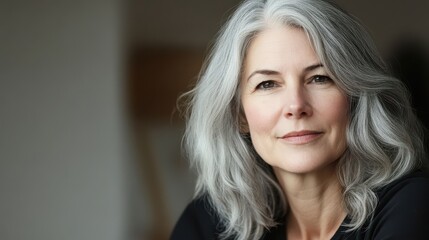 Fototapeta premium A Thoughtful Middle Aged Woman with Gray Hair Captured in a Portrait for Lifestyle and Wellness Themes