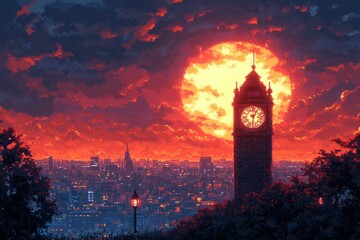 Retro Clock Tower with Pixelated Gears and Swinging Pendulum in Warm 16-Bit Tones - Vintage Brick Wall and Simple Composition in Retro Style