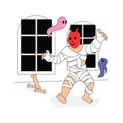 A person wrapped as a mummy stands near a spooky window