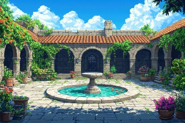 Obraz premium Serene 16-Bit Castle Courtyard with Pixelated Fountains and Overgrown Vines in Retro Medieval Style