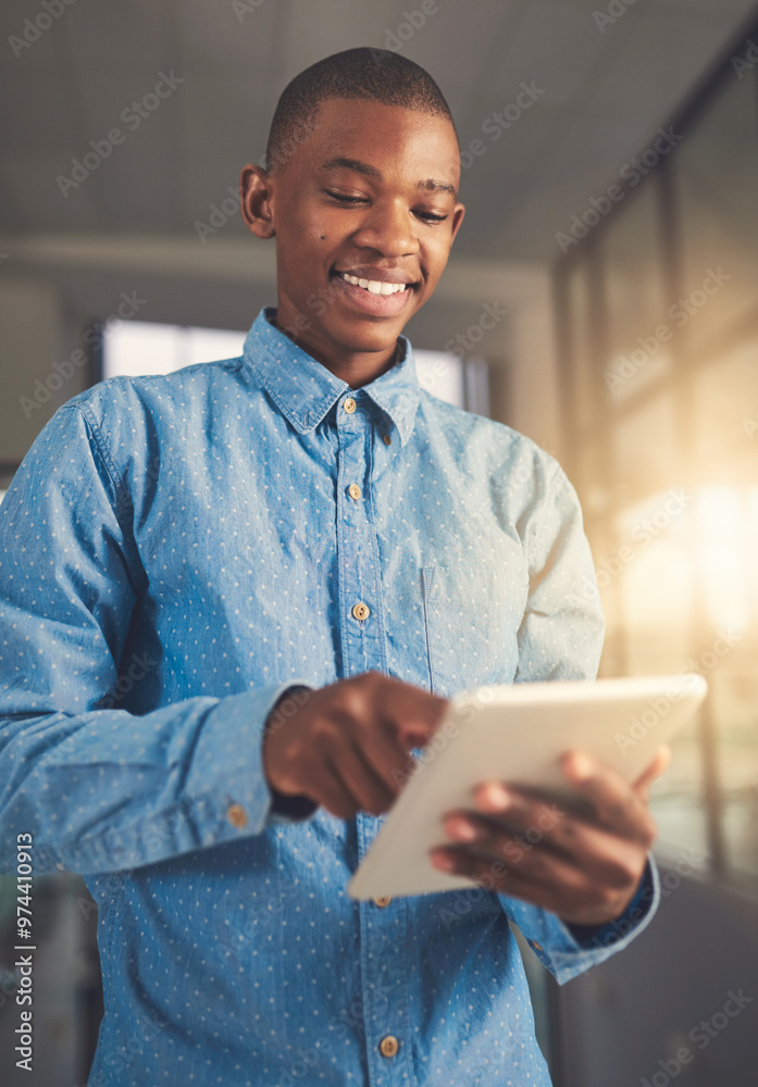 Poster smile, business and black man with tablet in office of project research, communication and financial