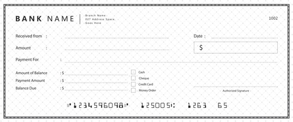 Fototapeta premium Empty money cheque. Bank check. check book template with pattern and blank fields. Currency payment coupon, US dollar check background.