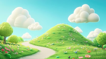 Cute anime-style hill with rounded edges, soft green grass, light blue sky, and fluffy clouds, in bright and colorful 3D clay style