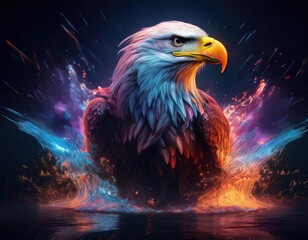 Generated image of Bald Eagle standing in water. Black background with an array of colorful light surrounding the bird. 