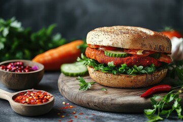 A vibrant sandwich with a crispy patty, fresh vegetables, and spices on a wooden board.