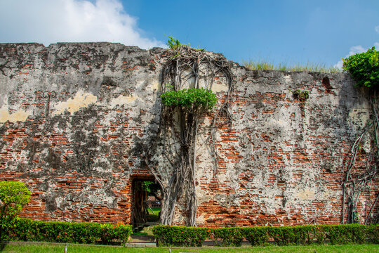 The Wall of Fort Zeelandia in Anping Old Fort in Tainan of Taiwan. 
Original wall of red bricks imported from Batavia and laid by the soldiers of the Dutch East India Company. 