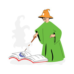A wizard reads from a magical book surrounded by mist and spells.