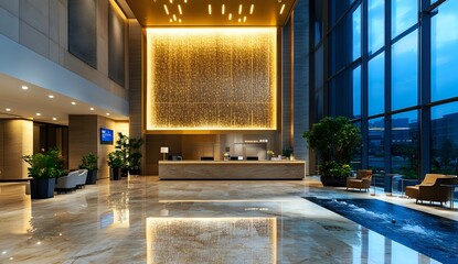 Modern lobby with a golden wall feature and a water feature.