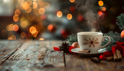 Fototapeta premium Steaming hot caramel latte in glass mug on wooden background, cinnamon sticks, christmas mood