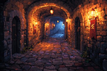 Fototapeta premium Retro 16-Bit Castle Hallway with Pixelated Banners and Flickering Torches in Earthy Hues - Medieval Video Game Aesthetic