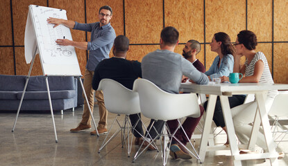 Seminar, whiteboard and man in office for training, productivity and discussion for development. Small business, team leader and people in boardroom for presentation with graph for performance review