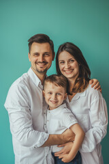 Fototapeta premium Smiling family in white shirts posing against a pastel background for advertising