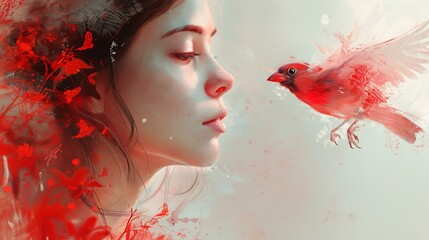 Fototapeta premium Beautiful young brunette woman flies with the birds. Background shore of a frozen river. happy face with a glimmer of hope to escape from the routine of everyday life. Fantasy photo, creative color