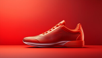A red and white shoe is on a red background