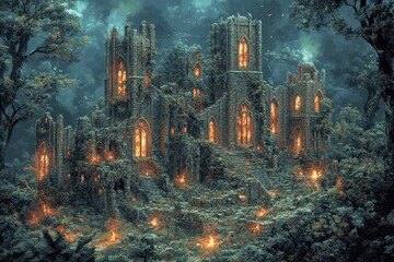 Fototapeta premium Pixelated Medieval Fortress with Flickering Torches and Overgrown Ivy - Vintage 8-Bit Structure Featuring Earthy Hues and Simple Layout