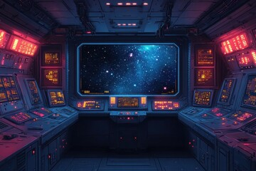Obraz premium Retro Sci-Fi Alien Spaceship Interior with Pixelated Control Panels and Starry Window in Cool Tones