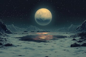 Naklejka premium Cosmic Pixelation - Retro Moon Crater with Stars, Planets, and Lunar Base in 8-Bit Style, Minimalist Vintage Space Scene in Gray Tones