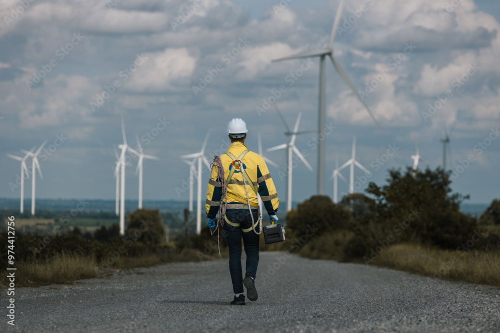 Aufkleber Back view of man engineers holding tools box and rope to maintenance working in wind turbine. Renewable energy power wind turbine. Technology protect environment reduce global warming problems.